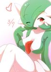  1girl blush breasts dated gardevoir green_hair heart kaceuth looking_at_viewer no_humans one_eye_closed pokemon pokemon_(creature) red_eyes simple_background smile solo wink 