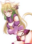  ahoge animal_ears atalanta_(fate) blonde_hair blush breasts cat_ears cat_tail cosplay dangerous_beast elbow_gloves fate/apocrypha fate/grand_order fate_(series) gloves green_eyes green_hair groin leaning_forward long_hair looking_at_viewer mash_kyrielight mash_kyrielight_(cosplay) multicolored_hair navel open_mouth panties purple_gloves purple_legwear purple_panties ryuuri_(aoithigo) simple_background sketch small_breasts solo sweatdrop tail thighhighs two-tone_hair underwear white_background 