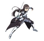  accel_world androgynous armor armored_boots black_eyes black_gloves black_hair boots bow breastplate cosplay elbow_gloves fighting_stance floating_hair full_body gloves hair_bow holding holding_sword holding_weapon kirito kirito_(sao-ggo) long_hair looking_at_viewer male_focus official_art open_mouth silver_crow silver_crow_(cosplay) simple_background solo sword sword_art_online sword_art_online:_code_register weapon white_background 