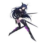  accel_world antenna_hair ass black_gloves black_hair black_legwear black_leotard breasts dual_wielding elbow_gloves floating_hair full_body gloves hair_ornament holding holding_sword holding_weapon kuroyukihime leotard long_hair looking_at_viewer red_eyes simple_background small_breasts smile solo sword thighhighs very_long_hair weapon white_background 