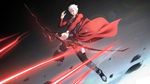  archer arrow attack bow_(weapon) brown_eyes cape fate/stay_night fate_(series) floating frown highres holding holding_bow_(weapon) holding_weapon leg_armor long_sleeves male_focus rock sky solo weapon white_hair yijian_ma 