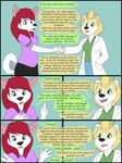  anthro blonde_hair clothed clothing comic dialogue digital_media_(artwork) doctor duo english_text female fur green_eyes hair kammypup kammypup_(artist) mammal red_hair simple_background smile speech_bubble text 