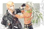  black_gloves closed_eyes eizen_(tales) feathers gloves gotou_(pixiv37128) grey_background hand_on_hip index_finger_raised koi_dance long_hair looking_at_another male_focus multiple_boys parody partly_fingerless_gloves poking shirtless smile tales_of_(series) tales_of_berseria tales_of_zestiria zaveid_(tales) 