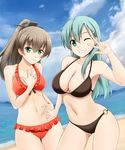  aqua_eyes aqua_hair ass_visible_through_thighs beach bikini blush breasts brown_bikini brown_hair cloud collarbone day embarrassed eyebrows_visible_through_hair finger_to_eye frilled_bikini frills fuuma_nagi green_eyes grin hair_between_eyes hair_ornament hairclip halterneck hand_on_own_chest hand_on_own_stomach kantai_collection kumano_(kantai_collection) large_breasts long_hair looking_at_viewer medium_breasts multiple_girls navel o-ring o-ring_bottom one_eye_closed outdoors ponytail red_bikini simple_background smile suzuya_(kantai_collection) swimsuit upper_body v white_background 