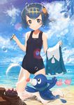  &gt;o&lt; absurdres akamizuki_(akmzk) bare_arms bare_legs beach black_hair blue_eyes blue_sky blush breasts bubble bubble_blowing bubble_pipe closed_eyes closed_mouth cloud cloudy_sky collarbone corsola covered_navel day feet flower gen_2_pokemon gen_7_pokemon hair_flower hair_ornament hair_ribbon hairband highres holding_clothes kneeling looking_at_viewer ocean one-piece_swimsuit open_mouth outdoors partially_submerged pokemon pokemon_(creature) pokemon_(game) pokemon_sm popplio pyukumuku ribbon sand school_swimsuit short_hair sky small_breasts smile suiren_(pokemon) swimsuit water 