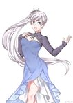  blue_dress blue_eyes blush dress kio_rojine long_hair looking_at_viewer open_mouth rwby scar side_ponytail smile weiss_schnee white_background white_hair 