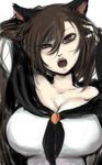  animal_ears bare_shoulders breasts brooch brown_eyes brown_hair capelet cleavage collarbone commentary_request fangs ginji_(sakaki_summer) hair_between_eyes imaizumi_kagerou jewelry large_breasts long_hair long_sleeves off_shoulder open_mouth sketch touhou very_long_hair wolf_ears 