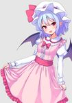  adapted_costume bat_wings blue_hair buttons center_frills dress dress_lift grey_background hat hat_ribbon juliet_sleeves junior27016 lifted_by_self long_sleeves looking_at_viewer mob_cap pink_dress pointy_ears puffy_sleeves red_eyes red_ribbon remilia_scarlet ribbon sash simple_background smile solo touhou wings 