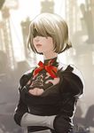  arm_grab artist_name bangs black_dress black_gloves black_hairband blindfold blurry blurry_background breasts cleavage cleavage_cutout covered_eyes dress gloves hair_over_eyes hairband highres joe_(j_studio) juliet_sleeves long_sleeves medium_breasts neck_ribbon nier_(series) nier_automata no_mole nose parted_lips pink_lips puffy_sleeves red_ribbon ribbon short_hair silver_hair solo teeth turtleneck upper_body vambraces yorha_no._2_type_b 