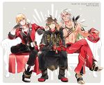  alternate_color blue_eyes boots brown_hair coat couch crossed_legs dark_skin dark_skinned_male eizen_(tales) feathers frown gotou_(pixiv37128) grey_background grin hands_together hat male_focus multiple_boys muscle navel open_clothes open_coat red_eyes shirtless sitting smile sorey_(tales) tales_of_(series) tales_of_berseria tales_of_zestiria tattoo zaveid_(tales) 