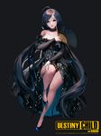  ahoge bare_shoulders bari_(destiny_child) black_background breasts brown_hair cleavage destiny_child full_body highres korean_clothes large_breasts leg_lift lips long_hair looking_at_viewer mole mole_under_mouth nightmadness original simple_background solo thighs very_long_hair yellow_eyes 