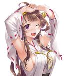  ;d ahoge armpits arms_up artist_name bare_shoulders blush breasts breath brown_hair crying crying_with_eyes_open detached_sleeves drooling eyebrows_visible_through_hair headgear japanese_clothes kantai_collection kimono kongou_(kantai_collection) long_hair long_sleeves looking_at_viewer medium_breasts nontraditional_miko one_eye_closed open_mouth purple_eyes raised_eyebrows red_ribbon ribbon ribbon-trimmed_sleeves ribbon_trim sage_joh saliva shiny shiny_skin sideboob sidelocks simple_background sleeveless sleeveless_kimono smile solo sweat tears teeth trembling upper_body white_background wide_sleeves 