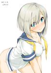  blue_eyes bottomless breasts buttons cleavage closed_mouth collarbone cowboy_shot dated eyebrows_visible_through_hair hair_ornament hair_over_one_eye hairclip hamakaze_(kantai_collection) kantai_collection large_breasts leaning_forward looking_at_viewer mokyutan neckerchief sailor_collar school_uniform serafuku shiny shiny_hair shirt short_hair short_sleeves silver_hair sleeve_cuffs smile solo standing thighs undone_neckerchief untied white_shirt yellow_neckwear 