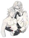  adam_(nier_automata) artist_name asaki_(room#102) closed_eyes collarbone collared_shirt commentary_request dated eve_(nier_automata) glasses gloves long_hair male_focus multiple_boys muscle navel nier_(series) nier_automata pale_skin parted_lips shirt shirtless siblings smile tattoo white_background white_hair 