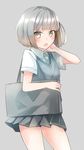  arm_up bag bangs blush bob_cut comah cowboy_shot eyebrows_visible_through_hair grey_background grey_skirt hand_up looking_at_viewer open_mouth original pleated_skirt school_uniform short_hair silver_hair simple_background skirt solo sweater_vest thighs yellow_eyes 