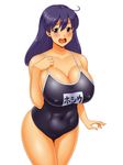  abs ahoge blush breasts bursting_breasts cleavage collarbone competition_school_swimsuit crying crying_with_eyes_open curvy embarrassed huge_breasts kantai_collection kawanuma_uotsuri long_hair looking_at_viewer name_tag open_mouth plump purple_hair school_swimsuit shiny shiny_skin simple_background solo sweat swimsuit tears thick_thighs thighs ushio_(kantai_collection) white_background 