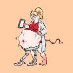  aggrobadger anthro belly big_belly blonde_hair clothed clothing eyewear female glasses hair hyper hyper_belly lab_coat mammal midriff mouse pregnant robotic_legs rodent solo 