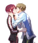  artist_name brown_hair closed_eyes commentary_request couple cowboy_shot free! hand_on_another's_neck imminent_kiss jacket jammers male_focus matsuoka_rin multiple_boys red_hair swimsuit tachibana_makoto tobi_(mue86) white_background yaoi 