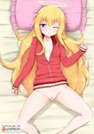  1girl blonde_hair blue_eyes bottomless breasts censored closed_mouth eyebrows eyebrows_visible_through_hair female gabriel_dropout groin hair_between_eyes halo heart heart_censor long_hair looking_at_viewer lying no_panties nude on_back one_eye_closed patreon pillow pointless_censoring pussy small_breasts solo tenma_gabriel_white vahn_yourdoom watermark web_address 