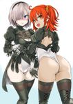  3: :d ahoge asanagi ass bangs black_gloves black_hairband black_legwear blush breasts cleavage cleavage_cutout closed_mouth cosplay cowboy_shot elbow_gloves eyebrows_visible_through_hair fate/grand_order fate_(series) feather-trimmed_sleeves from_behind fujimaru_ritsuka_(female) gloves hair_ornament hair_over_one_eye hair_scrunchie hairband highres leotard long_sleeves looking_at_viewer looking_back mash_kyrielight medium_breasts mole mole_under_mouth multiple_girls nier_(series) nier_automata no_blindfold nose_blush open_mouth orange_eyes orange_scrunchie pale_skin puffy_long_sleeves puffy_sleeves purple_eyes scrunchie short_hair side_ponytail silver_hair simple_background skindentation smile sweatdrop thighhighs thong_leotard white_background white_leotard yorha_no._2_type_b yorha_no._2_type_b_(cosplay) 