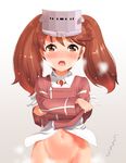  :o bangs blush bottomless breath brown_eyes brown_hair clothes_lift crossed_arms groin japanese_clothes kantai_collection kariginu lifted_by_self long_hair long_sleeves looking_at_viewer magatama md5_mismatch mushi_gyouza open_mouth out-of-frame_censoring ribbon ribbon-trimmed_sleeves ribbon_trim ryuujou_(kantai_collection) shirt shirt_lift solo sweat tareme translation_request twintails upper_body visor_cap white_ribbon white_shirt 