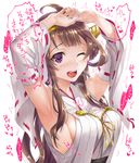  ;d ahoge armpits arms_up artist_name bare_shoulders blush breasts breath brown_hair crying crying_with_eyes_open detached_sleeves drooling eyebrows_visible_through_hair headgear japanese_clothes kantai_collection kimono kongou_(kantai_collection) long_hair long_sleeves looking_at_viewer medium_breasts nontraditional_miko one_eye_closed open_mouth purple_eyes raised_eyebrows red_ribbon ribbon ribbon-trimmed_sleeves ribbon_trim sage_joh saliva shiny shiny_skin sideboob sidelocks simple_background sleeveless sleeveless_kimono smile solo sweat tears teeth translation_request trembling upper_body white_background wide_sleeves 