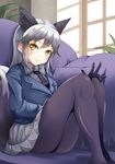  &gt;:) animal_ears black_gloves black_legwear black_neckwear blazer blush bow bowtie closed_mouth commentary_request cushion eyebrows_visible_through_hair fox_ears fox_tail gloves grey_bow grey_neckwear grey_skirt hand_on_own_knee head_tilt jacket kemono_friends long_hair looking_at_viewer necktie no_shoes pantyhose plant pleated_skirt silver_fox_(kemono_friends) silver_hair sitting skirt smile solo tail v-shaped_eyebrows very_long_hair window yellow_eyes yumibakama_meme 
