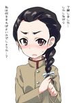  black_hair braid brown_eyes check_translation chi-hatan_school_uniform girls_und_panzer hair_over_shoulder hair_ribbon highres long_hair miyao_ryuu ribbon single_braid solo tamada_(girls_und_panzer) translation_request white_background 