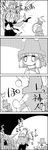  3girls 4koma antennae cape carrying_under_arm comic commentary_request greyscale hair_ribbon hat hat_removed headwear_removed highres letty_whiterock lily_white long_tongue lying monochrome moriya_suwako multiple_girls multiple_persona on_head person_on_head pyonta ribbon short_hair shorts surprised sweat tani_takeshi tongue tongue_out touhou transformation translation_request very_long_tongue wriggle_nightbug yukkuri_shiteitte_ne 