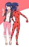  ass blue_eyes blue_hair bodysuit capri_pants domino_mask dual_persona jocheong ladybug_(character) long_hair long_sleeves looking_at_viewer looking_back magical_girl marinette_dupain-cheng mask miraculous_ladybug pants polka_dot short_twintails superhero twintails v 