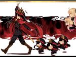  black_hair blonde_hair boots cape chibi fate/grand_order fate_(series) gloves hat highres katana keikenchi_(style) koha-ace multiple_girls oda_nobunaga_(fate) okita_souji_(fate) okita_souji_(fate)_(all) red_eyes sword weapon ya_4004 