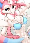  2017 anthro anthrofied ballistic-cottontail blue_eyes bottomless bra breasts clothed clothing eeveelution english_text female fur looking_at_viewer navel nintendo pink_fur pok&eacute;mon pok&eacute;morph ribbons signature smile solo sylveon tan_fur text tuft underwear video_games 