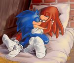  anthro bed butt clothing cuddling duo echidna eyes_closed hedgehog knuckles_the_echidna krazyelf legwear male male/male mammal monotreme mostly_nude on_bed pillow reclining signature sleeping socks sonic_(series) sonic_the_hedgehog spread_legs spreading 
