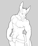  abs anthro biceps clothed clothing dissimulated eyebrow_piercing eyebrows facial_piercing grey_background hair jockstrap line_art macropod male mammal marsupial navel nipple_piercing nipples notched_ear pecs penis piercing short_hair simple_background smile solo standing topless underwear 