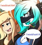  2017 animal_humanoid big_breasts blonde_hair blue_eyes blue_hair breasts canine cetacean clothed clothing dialogue dragon english_text female fox fox_humanoid hair half_clothed humanoid hybrid long_hair mammal marine multicolored_hair open_mouth orca penelope rainbowscreen simple_background smile text two_tone_hair whale wings yukira 