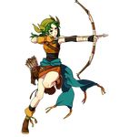  armor arrow bandana black_legwear boots bow_(weapon) fingerless_gloves fire_emblem fire_emblem:_rekka_no_ken fire_emblem_heroes full_body gloves green_eyes green_hair highres holding holding_weapon hoshino_lily leg_up miniskirt official_art quiver rebecca_(fire_emblem) short_hair short_twintails shoulder_armor skirt solo transparent_background twintails weapon 