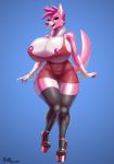  anthro big_breasts breasts canid canine clothing curvaceous female footwear high_heels huge_breasts legwear looking_at_viewer makeup mammal nipple_bulge open_mouth plankboy platform_footwear platform_heels shoes smile solo standing thick_thighs thigh_highs 