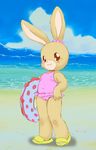  :3 anthro beach beady_eyes blush brown_fur camel_toe clothing cute female footwear fur happy inflatable inner_tube lagomorph looking_at_viewer mammal maple_town navel patty_(maple_town) rabbit sandals sea seaside smile solo standing swimsuit water yamashita_uri young 