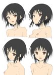  bangs black_hair breasts brown_eyes closed_mouth collarbone expressions eyebrows_visible_through_hair mole mole_under_eye multiple_views nipples nude open_mouth original portrait rasahan short_hair sketch small_breasts smile upper_body 