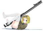  bipod blonde_hair blue_eyes blush closed_mouth from_side gun hairband heterochromia highres holding holding_gun holding_weapon long_sleeves looking_at_viewer lying no_shoes on_back oota_youjo original red_eyes rifle sailor_collar shadow short_hair simple_background smile solo thighhighs weapon white_background white_legwear 