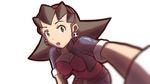  belt breasts brown_hair capcom cleavage earrings fdmpro gloves green_eyes hair_slicked_back hairband jacket jewelry open_mouth pink_hairband rockman rockman_dash short_hair short_sleeves solo tron_bonne 