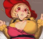  aki_minoriko apron apron_pull bangs blonde_hair blush breasts brown_background bursting_breasts buttons commentary_request covered_nipples double_chin flying_button frilled_apron frilled_sleeves frills from_below gengoroumaru_(ambidextrous) hands_up hat large_breasts motion_blur nose_blush open_clothes open_mouth open_shirt popped_button puffy_cheeks red_eyes red_hat ribbon shirt simple_background solo surprised teeth touhou twitter_username upper_body wardrobe_malfunction yellow_shirt 
