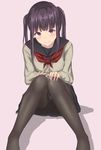  bad_id bad_twitter_id bangs banned_artist black_hair black_legwear black_skirt blush cardigan closed_mouth commentary_request crotch_seam eyebrows_visible_through_hair foreshortening hands_on_own_knees knees_together_feet_apart knees_up long_hair long_sleeves looking_at_viewer minagiku neckerchief original panties pantyhose pantyshot pantyshot_(sitting) pink_background pink_eyes pleated_skirt red_neckwear sakuragi_minako school_uniform serafuku shadow sidelocks simple_background sitting skirt smile solo thighband_pantyhose twintails underwear 