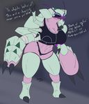  2017 anthro big_breasts breasts claws cleavage clothed clothing dialogue english_text female golisopod huge_breasts kawmapkarma multi_limb nintendo one_eye_closed open_mouth pok&eacute;mon pok&eacute;morph skimpy solo talking_to_viewer text thick_thighs video_games 