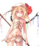  bare_shoulders belt blonde_hair bloomers collarbone cowboy_shot fangs flandre_scarlet hair_between_eyes harness hat hat_ribbon highres laevatein looking_at_viewer mob_cap navel parted_lips red_eyes red_ribbon ribbon shan simple_background sketch slit_pupils solo standing touhou underwear white_background white_bloomers wings 