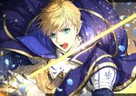  ahoge armor arthur_pendragon_(fate) blonde_hair cape excalibur_(fate/prototype) fate/prototype fate_(series) gauntlets glowing green_eyes male_focus mou_(mooooow) open_mouth solo sword weapon 