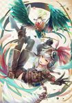  belt bird checkered checkered_background chicken chinese_zodiac commentary_request feathers flower full_body green_eyes helmet layered_clothing male_focus midriff_peek original rooster shorts steampunk white_hair yaguchi_minato year_of_the_rooster 