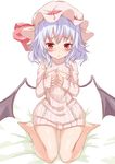  :t bangs bare_legs barefoot bat_wings blue_hair blush full_body hat hat_ribbon highres long_sleeves looking_at_viewer meme_attire mob_cap open-chest_sweater pink_sweater pout red_eyes red_ribbon remilia_scarlet ribbed_sweater ribbon sitting solo sweater touhou turtleneck turtleneck_sweater wariza white_background wings yukishiro_arute 
