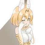  animal_ears bare_shoulders blonde_hair bow commentary crying crying_with_eyes_open deadnooodles elbow_gloves gloves highres kemono_friends one_eye_closed open_mouth serval_(kemono_friends) serval_ears serval_print shirt short_hair simple_background solo spoilers tears 