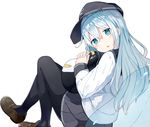  black_hat black_legwear black_skirt blue_eyes brown_footwear failure_penguin flat_cap hat hibiki_(kantai_collection) highres kantai_collection long_hair long_sleeves open_mouth pantyhose pleated_skirt school_uniform serafuku shikuro_(iorimiyakiyo) shoes silver_hair simple_background skirt solo white_background 